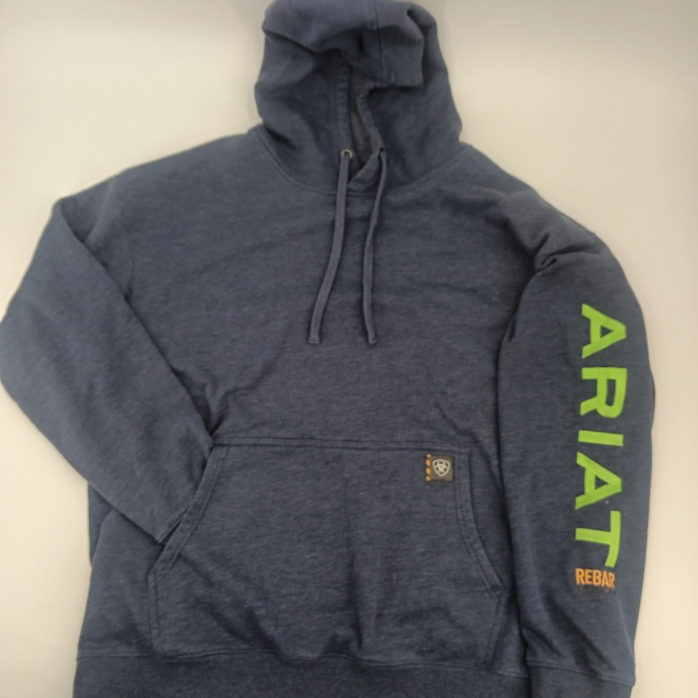 Ariat Rebar Mens XL Navy Blue Heathered Fleece Hoodie Sleeve Logo Sweatshirt